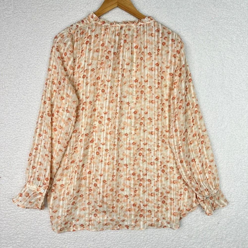 Rose +‎ Olive Floral Pleated Blouse XL Boho Peasant Long Sleeve Tie Neck Top